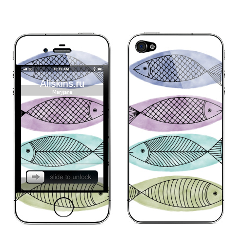 Наклейка на Телефон Apple iPhone 4S, 4 Рыбы на акварели,  купить в Москве – интернет-магазин Allskins, классика, рыба, морская, океаны, синий, подводный