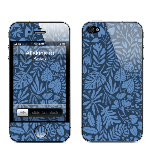 Наклейка на Телефон Apple iPhone 4S, 4 Синие джунгли,  купить в Москве – интернет-магазин Allskins, джунгли, лес, лето, синий, пальма, листья, природа, растение, монстера, тропики, тропические