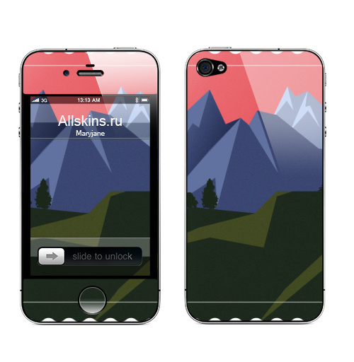 Наклейка на Телефон Apple iPhone 4S, 4 Закат в горах,  купить в Москве – интернет-магазин Allskins, солнце, горы, пейзаж, иллюстрацияпринт, цвет, геометрия, геометрический, флет, плоский, стильно, марка, стилизация