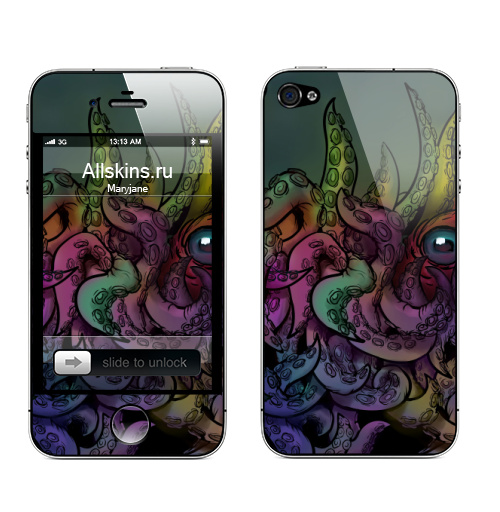 Наклейка на Телефон Apple iPhone 4S, 4 Осьминожка играет в прятки,  купить в Москве – интернет-магазин Allskins, осьминог, животное, морская, щупальца, прячется, маскируется, маскировка, сочный, цвет, радужный, моллюск, подводный, плавает, под водой, аква, аквариум, детские, взрослым, тентакли, присоски