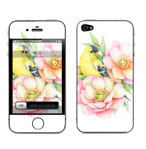 Наклейка на Телефон Apple iPhone 4S, 4 Канарейка,  купить в Москве – интернет-магазин Allskins, канарейка, пион, птицасчатья, птицы, цветы, цветокакварель, акварель, розовый, желтый, весна, весенний, летнее, лето