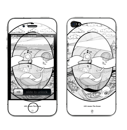 Наклейка на Телефон Apple iPhone 4S, 4 О - значит Океан,  купить в Москве – интернет-магазин Allskins, поп-арт, типографика, морская, киты, осьминог, черепахи, маяк, небо, солнце, корабль, дельфины, чайка, рассвет, рыба, графика, черно-белое, парусник, лодка