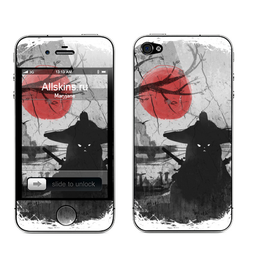 Наклейка на Телефон Apple iPhone 4S, 4 Японский Кот Самурай,  купить в Москве – интернет-магазин Allskins, кот самурай, сакура, черный, клан, луна, katana, ниндзя, самурай, Япония, кошка, сарказм