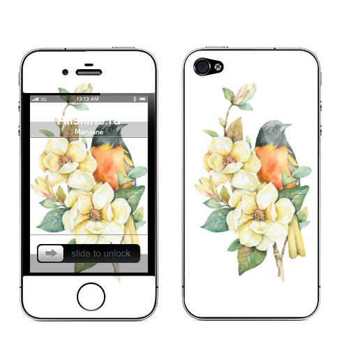 Наклейка на Телефон Apple iPhone 4S, 4 Ветка магнолии,  купить в Москве – интернет-магазин Allskins, магнолия, птицы, птицанаветке, веткамагнолии, оранжевый, белый, желтыецветы, белыецветы, акварель, акварельныйпринт