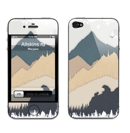 Наклейка на Телефон Apple iPhone 4S, 4 Медведи в Горах,  купить в Москве – интернет-магазин Allskins, лес, деревья, природа, forest, хайкинг, поход, палатка, Дикие, дикий, лиса, медведь, волк, сова, натур, натуральное, природный, горы