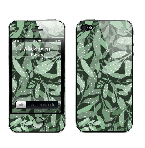 Наклейка на Телефон Apple iPhone 4S, 4 Зеленые листья в снегу,  купить в Москве – интернет-магазин Allskins, классика, лес заросли листья джунгли ветки дерево снег точка
