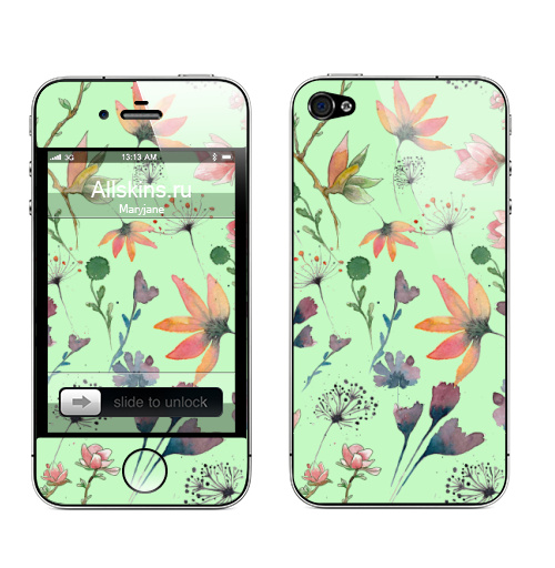 Наклейка на Телефон Apple iPhone 4S, 4 Акварельные цветы на мятном фоне,  купить в Москве – интернет-магазин Allskins, классика, Акварель скетч цветы паттерн мятный фон