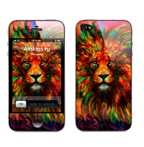 Наклейка на Телефон Apple iPhone 4S, 4 Лев красочный,  купить в Москве – интернет-магазин Allskins, классика, лев, абстракция, яркий, цветнойпринт, животные, глаз, сила, король, зверушки