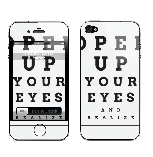 Наклейка на Телефон Apple iPhone 4S, 4 Открой глаза и осознай,  купить в Москве – интернет-магазин Allskins, глв, глаз, откройрот, открой, типографика, осознай, пойми, прикол
