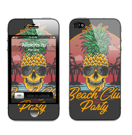 Наклейка на Телефон Apple iPhone 4S, 4 Пляжная вечеринка,  купить в Москве – интернет-магазин Allskins, поп-арт, пляжный, череп, отдых, лето, веселый, пальма, прикол