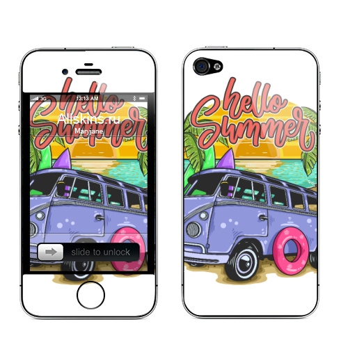 Наклейка на Телефон Apple iPhone 4S, 4 Привет лето разнообразное,  купить в Москве – интернет-магазин Allskins, поп-арт, лето, отдых, солнце, морская, пальма, релакс