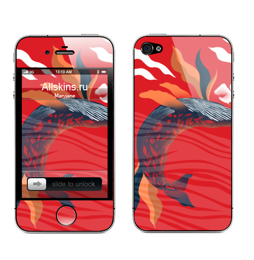 Наклейка на Телефон Apple iPhone 4S, 4 Кит цветной,  купить в Москве – интернет-магазин Allskins, классика, киты, океаны, красочный, млекопитающее, красный
