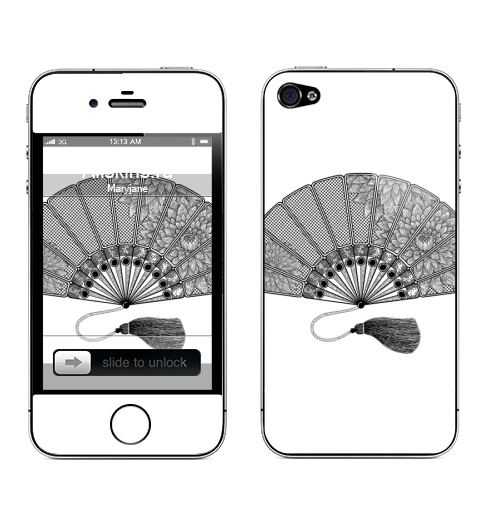 Наклейка на Телефон Apple iPhone 4S, 4 Японский веер,  купить в Москве – интернет-магазин Allskins, классика, веер, цветы, георгин, хризантема, пион, черно-белое, графика