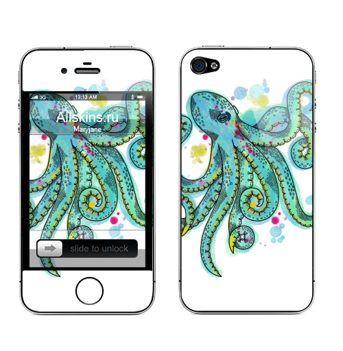 Наклейка на Телефон Apple iPhone 4S, 4 Бирюзовый осьминог,  купить в Москве – интернет-магазин Allskins, классика, осьминог, бирюзовый, графика, щупальца, морская