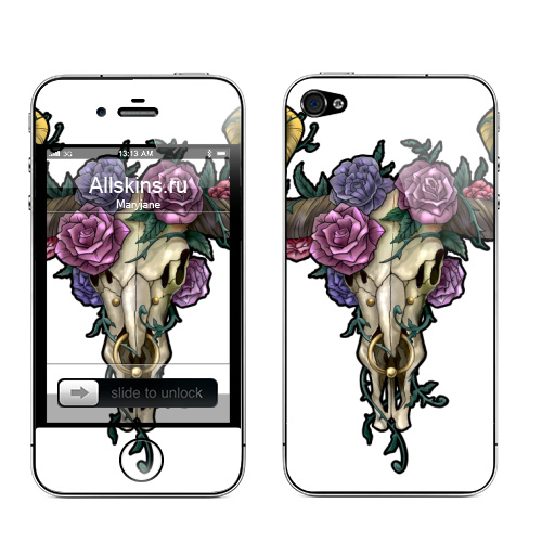Наклейка на Телефон Apple iPhone 4S, 4 Череп быка в цветах,  купить в Москве – интернет-магазин Allskins, сюрреализм, бык, цветы, рогатый, череп