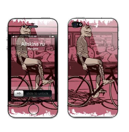 Наклейка на Телефон Apple iPhone 4S, 4 Кошка Панк на Фиксе,  купить в Москве – интернет-магазин Allskins, байк, панк, велосипед, кошка, мотоцикл, мтб, ride, музыка
