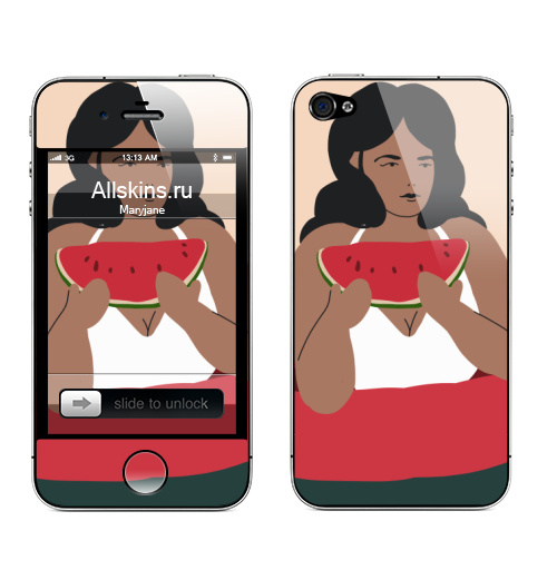 Наклейка на Телефон Apple iPhone 4S, 4 Летний чилл,  купить в Москве – интернет-магазин Allskins, девушка, лето, арбуз, портреты, простой, минимализм, бассейн, отдых, релакс, современный, рисунки, искусство, красный
