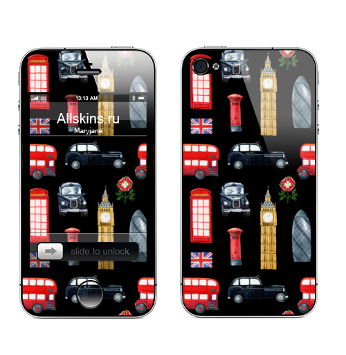 Наклейка на Телефон Apple iPhone 4S, 4 Лондон и его символы,  купить в Москве – интернет-магазин Allskins, Англия, черный, красный, бигбэн, автобус, такси, черный кеб