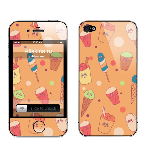 Наклейка на Телефон Apple iPhone 4S, 4 Летние мороженки,  купить в Москве – интернет-магазин Allskins, поп-арт, мороженое, паттерн, лето, сладости, щербет, стаканчик, еда, desert, жара, набор, красочный, мультяшная, веселый, веселые, розовый, бежевый