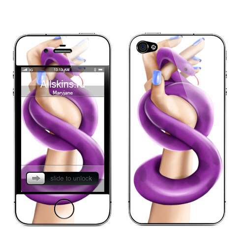 Наклейка на Телефон Apple iPhone 4S, 4 Змея фуксия в женской власти,  купить в Москве – интернет-магазин Allskins, девушка, руки, фиолетовый, фуксия, нежно, хэллоуин, змея