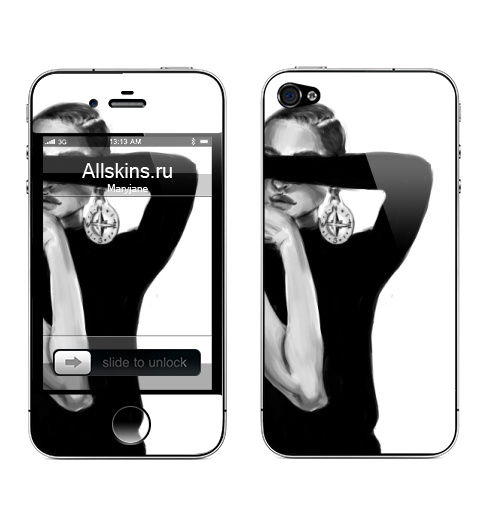 Наклейка на Телефон Apple iPhone 4S, 4 Девушка с сережкой,  купить в Москве – интернет-магазин Allskins, девушка, модели, черно-белое, сережка, компас, мода