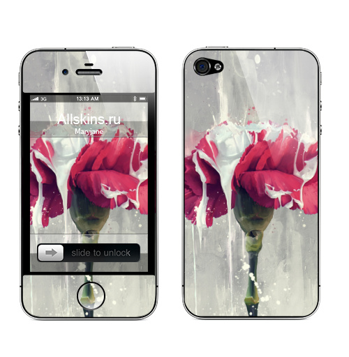 Наклейка на Телефон Apple iPhone 4S, 4 Цветок в краске,  купить в Москве – интернет-магазин Allskins, Цветочек, красный, графика, рисунки, природа, краски, брызги, пятна, акварель, стебель, бутон, дизайнерская, мягкая, концепт, стильное, белый, лепестки, декоративный, мазки