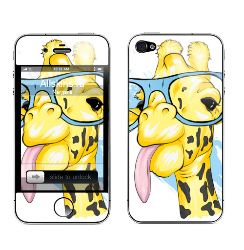 Наклейка на Телефон Apple iPhone 4S, 4 Жираф в очках,  купить в Москве – интернет-магазин Allskins, стритарт, жираф, очки, safari, животное, длинная шея, африканский