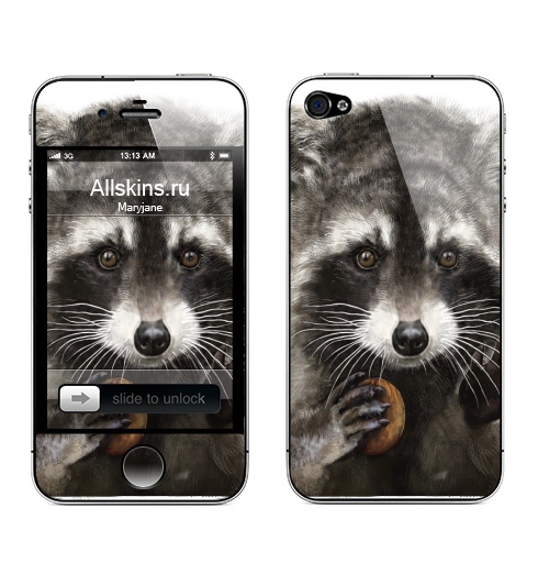 Наклейка на Телефон Apple iPhone 4S, 4 Енот-полоскун,  купить в Москве – интернет-магазин Allskins, классика, енот, животные, животное, пушистый, зверушки, добрый, глаз