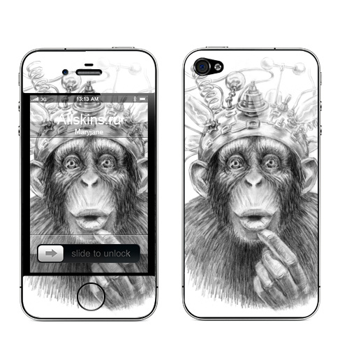 Наклейка на Телефон Apple iPhone 4S, 4 Умножитель интеллекта,  купить в Москве – интернет-магазин Allskins, обезьяна, мистика, фантастика, электроника, приматы, интеллект, зеркало, задумчивость, ретро, карандаш, эксперимент, лаборатория, лампочки, графика, космос, эволюция