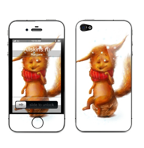 Наклейка на Телефон Apple iPhone 4S, 4 Сладкий бельчонок,  купить в Москве – интернет-магазин Allskins, белка, бельчонок, рыжая, зверушки, пушистый, малыш, уют, тепло, Любимый, маленький зверек, животные, лесной
