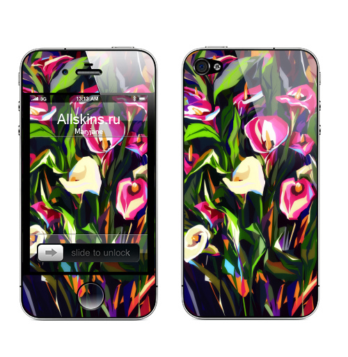 Наклейка на Телефон Apple iPhone 4S, 4 Разноцветные каллы в саду,  купить в Москве – интернет-магазин Allskins, классика, цветы, каллы, натюрморт, садовый, огород, бутоны, букет, изящество, красота