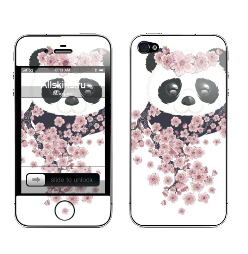 Наклейка на Телефон Apple iPhone 4S, 4 Панда и сакура,  купить в Москве – интернет-магазин Allskins, панда, сакура, весна, медведь, Китай, цветы, розовый, ретро, минимализм, растительный, абстракция, мультяшная, кавайный, большая панда, портреты, животные, ветви, деревья