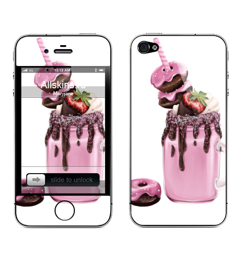 Наклейка на Телефон Apple iPhone 4S, 4 Розовый коктейль,  купить в Москве – интернет-магазин Allskins, розовый, напиток, коктейль, любовь, солнце, жара, морская, соблазн, клубника, шоколад, пончики, лёд, крем, сливки, вкусняшки
