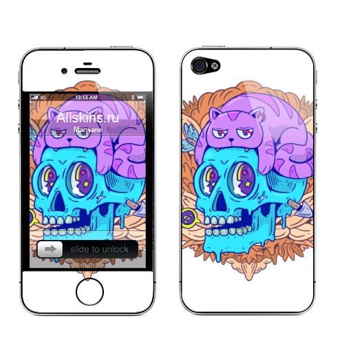 Наклейка на Телефон Apple iPhone 4S, 4 Черепокот,  купить в Москве – интернет-магазин Allskins, сюрреализм, череп, кошка, прикол, грибы, мило, забавный, фиолетовый, яркий, синий
