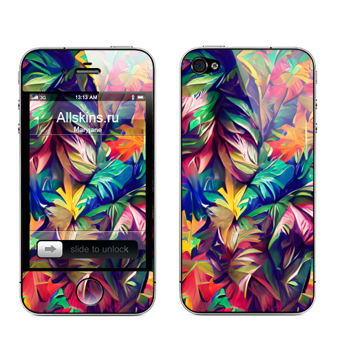 Наклейка на Телефон Apple iPhone 4S, 4 Красочные тропические листья,  купить в Москве – интернет-магазин Allskins, психоделика, листья, тропики, лес, яркий, паттерн, абстракция, цвет, экзотика, оригинальность