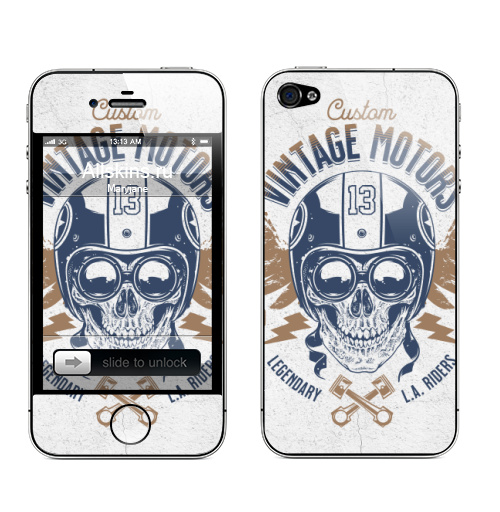 Наклейка на Телефон Apple iPhone 4S, 4 Винтажный череп в шлеме,  купить в Москве – интернет-магазин Allskins, психоделика, череп, шлем, скелет, байкер, мотоцикл, Крылья, винтаж, свобода