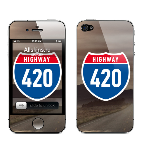 Наклейка на Телефон Apple iPhone 4S, 4 Highway 420,  купить в Москве – интернет-магазин Allskins, свобода, надписи, логотип, дым, надписи на английском, 300 Лучших работ