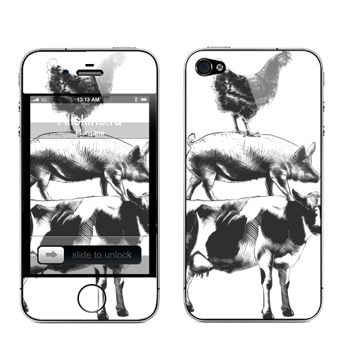 Наклейка на Телефон Apple iPhone 4S, 4 Курица, Свинья, Корова - Пирамида,  купить в Москве – интернет-магазин Allskins, свинья, свинюшка, корова, скот, курица, птицы