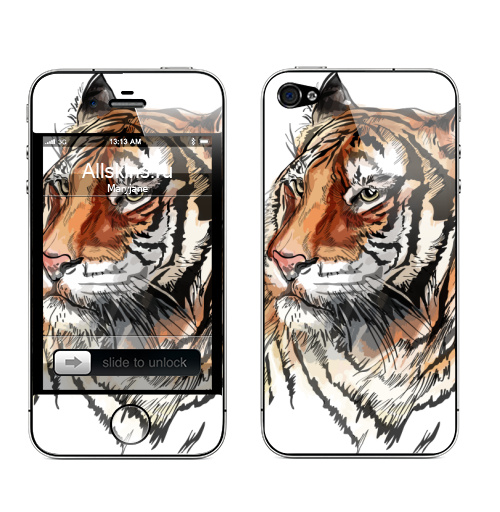 Наклейка на Телефон Apple iPhone 4S, 4 Тигр - Принтериум,  купить в Москве – интернет-магазин Allskins, тигры, тигра, кошка, тигриный, Тигрица, полоски, полосатая, джунгли, тропики