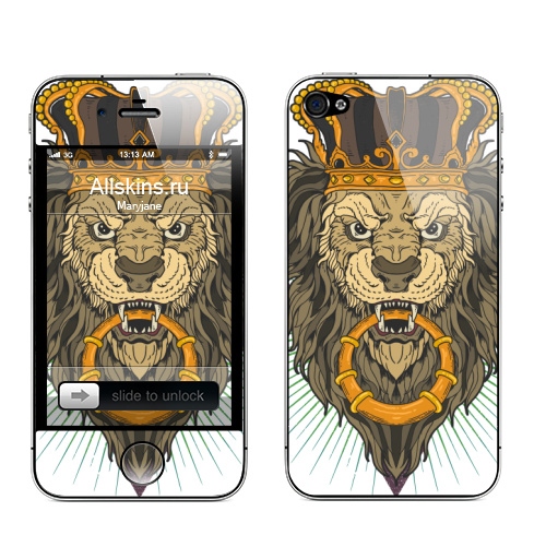 Наклейка на Телефон Apple iPhone 4S, 4 Лев в короне,  купить в Москве – интернет-магазин Allskins, лев, король, зверьки, корона, золото, Империя, царство, королевство, королевский