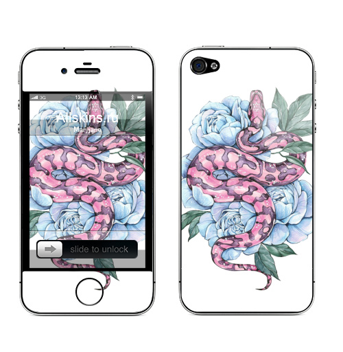 Наклейка на Телефон Apple iPhone 4S, 4 Змея и голубые пионы,  купить в Москве – интернет-магазин Allskins, змея, татуировки, пион, цветы, ботаника, акварель, нежно, лес, розовый, голубой, дерзкий, летний, зеленые, рептилии