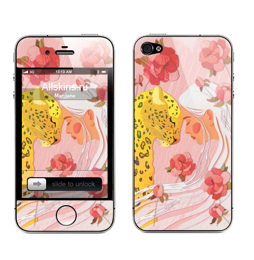 Наклейка на Телефон Apple iPhone 4S, 4 Девушка с леопардом,  купить в Москве – интернет-магазин Allskins, философские, нежно, авторскийрисунок, девушка, розовый, желтый, леопард, дикоеживотное, портреты, белокурая, блондинка, цветы
