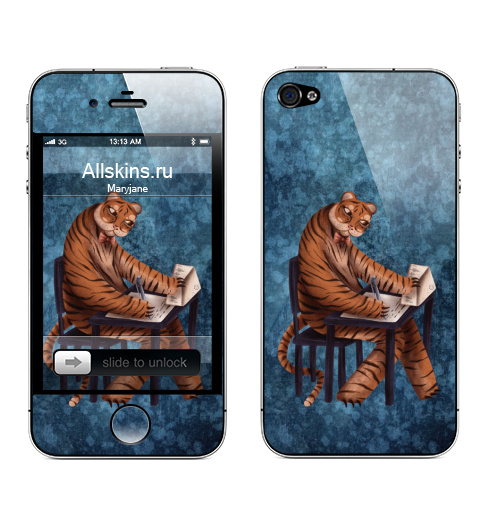 Наклейка на Телефон Apple iPhone 4S, 4 Тигр пишет письмо,  купить в Москве – интернет-магазин Allskins, тигры, тигра, пишет, писатель, письмо, стол, сидр, Бантик, полоски, полосатый, хвост, уши, кошка, дикий, конверт