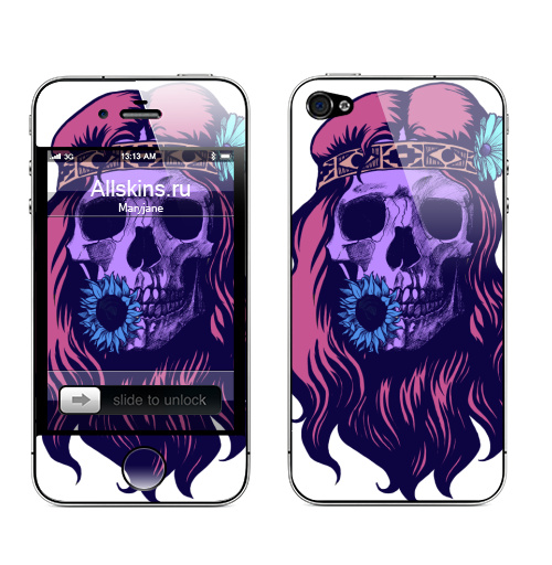 Наклейка на Телефон Apple iPhone 4S, 4 Череп хиппи,  купить в Москве – интернет-магазин Allskins, психоделика, череп, хиппи, дети цветов, цветы, волосы, пурпурный, розовый, готика, эмо