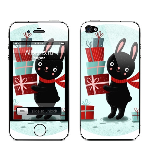 Наклейка на Телефон Apple iPhone 4S, 4 Черный кролик с подарками,  купить в Москве – интернет-магазин Allskins, кролики, заяц, читатель, новый год, символ, черный, красный, бирюзовый, символ_года, подарки