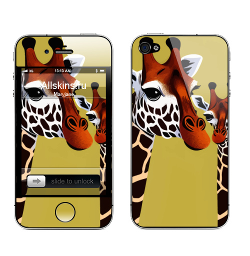 Наклейка на Телефон Apple iPhone 4S, 4 Портрет жирафов,  купить в Москве – интернет-магазин Allskins, классика, жираф, Жираф, животные, рисунки