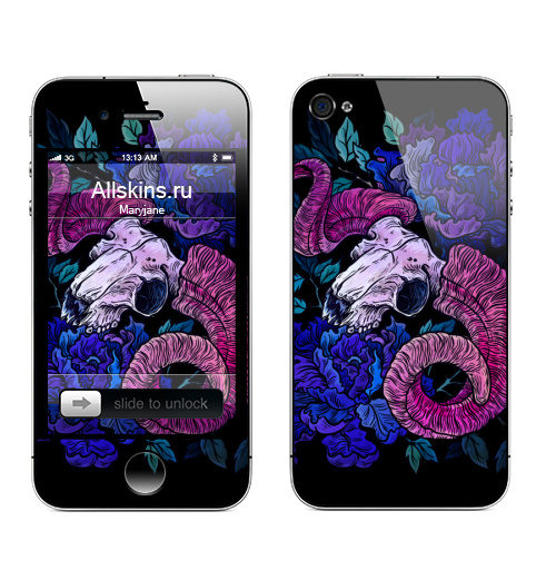 Наклейка на Телефон Apple iPhone 4S, 4 Череп дарк,  купить в Москве – интернет-магазин Allskins, череп, барашки, цветы, готический, готика, неон, олень, мрачный, синий