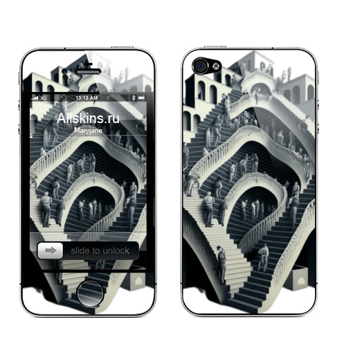 Наклейка на Телефон Apple iPhone 4S, 4 Трэш Тор МАК Эшер оптическая иллюзия много лестниц люди идут кто куда,  купить в Москве – интернет-магазин Allskins, сюрреализм, оптическая, иллюзия, лестница, читатель, мусор