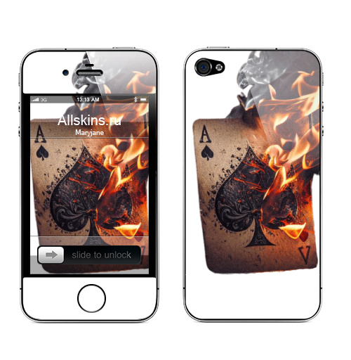Наклейка на Телефон Apple iPhone 4S, 4 Кинематографический снимок горящей игральной карты,  купить в Москве – интернет-магазин Allskins, карты, читатель, пика, туз, горящая