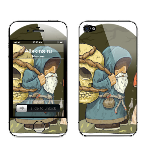 Наклейка на Телефон Apple iPhone 4S, 4 Своя ноша,  купить в Москве – интернет-магазин Allskins, гном, сказочный, сказки, мухоморы, грибы, лес, магия, старец, старик, череп